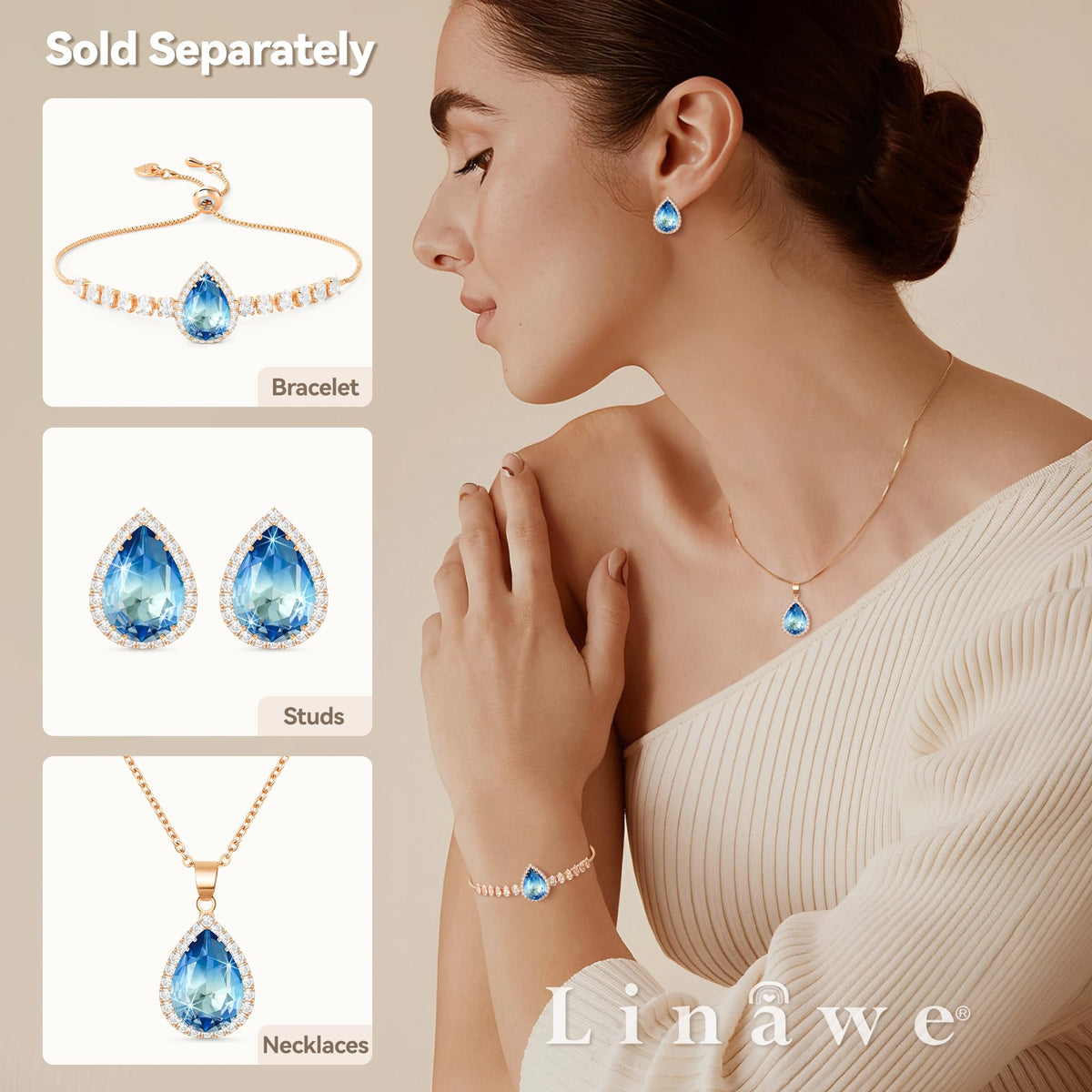 Linawe Aquamarine Stud Earrings for Women, Blue Cubic Zirconia Earrings Studs, Rose Gold Imitation Diamond Rhinestone Crystal Iridescent Teardrop Earrings Piercing Jewelry