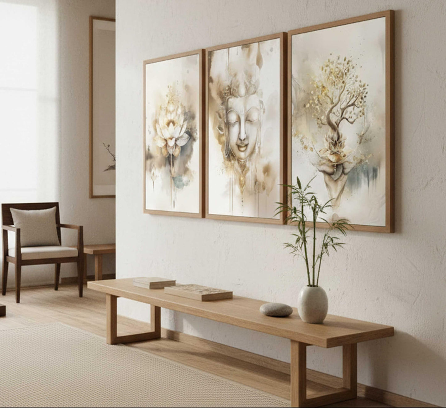 3Pcs Zen Canvas Wall Art Tree of Life Lotus Flower, Buddha Painting Pictures Wall Decor Poster Print Artwork For Living Room Yoga Room Hotel Bedroom Home Decoration Unframed