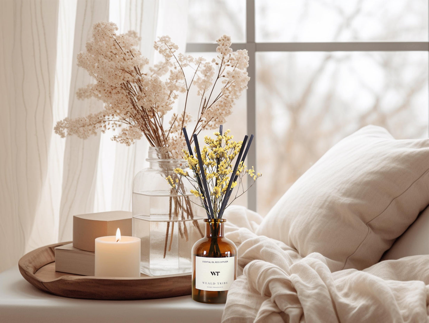 WEALD TRIBE Flower Reed Diffuser Set Vanilla Cinnamon Scent for Bathroom Air Fresheners | 4.0 fl oz Essential Oils with Sticks Home Fragrance Defusers | House Bedroom Office Shelf Decor & Gift