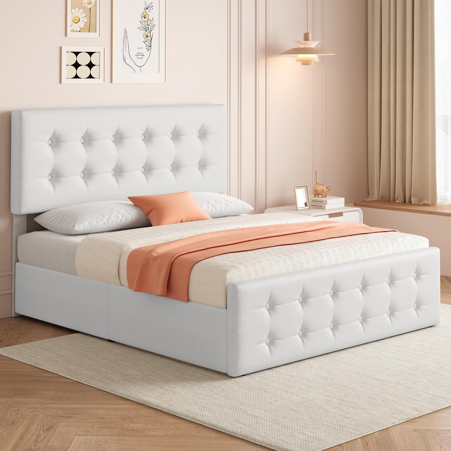 GarveeHome Full Size Bed Frame with 4 Storage Drawers and Headboard, Faux Leather Upholstered Platform Bed Frame with Wooden Slats Support, Button Tufted Design, No Box Spring Needed, White