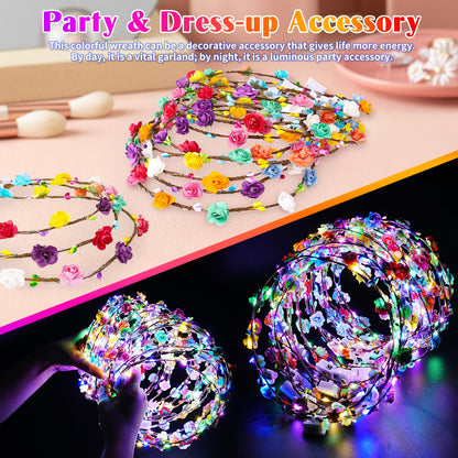 HONLYNE 24 PCS LED Flower Crowns Headbands, Light Up Flower Crowns for Women & Girls, Glow in The Dark Flower Hairbands Wreath for Wedding Beach Party Birthday Cosplay Gifts, Halloween, Christmas