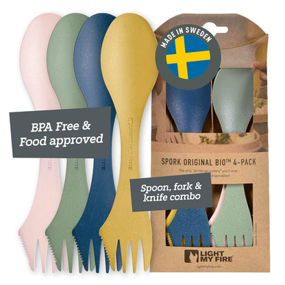 Light my Fire Spork Original 3-in-1 Camping Cutlery Knife Fork Spoon Set Survival Gifts for Scouts Camping Accessories Sporks Reusable Travel Cutlery Set 4-Pack Nature
