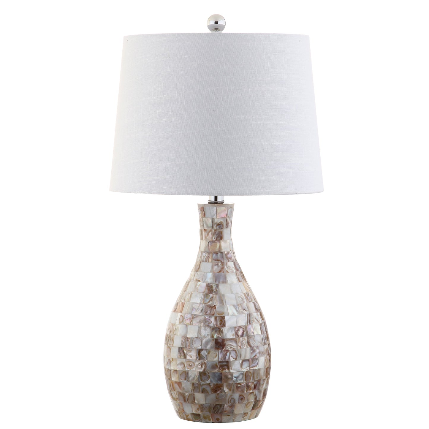 JONATHAN Y 26.5" Ivory Beige Mosaic Seashell LED Table Lamp for Living Room Bedroom Nightstand, Coastal Capiz Shell Base with White Linen Drum Shade, LED Bulb Included JYL1054A