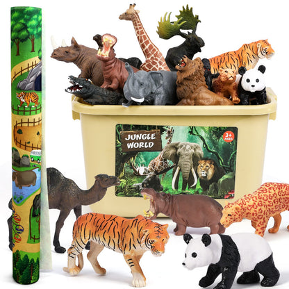 FRUSE Safari Animals Figures Toys with 145x98cm Jumbo Play Mat,12PCS Jungle Zoo Animals Playset with Lion,Elephant,Educational Learning Toys for Kids
