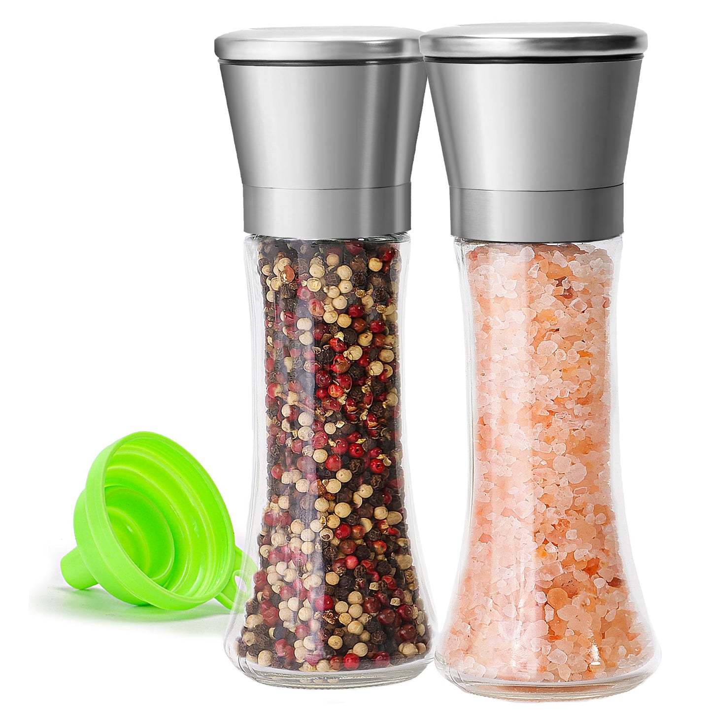M JINGMEI Premium Stainless Steel Sea Salt and Pepper Grinder Set of 2 - Adjustable Ceramic - Tall Glass Salt and Pepper Shakers - Pepper Mill & Salt Mill W/Funnel (2.6"W x 7.5"H)