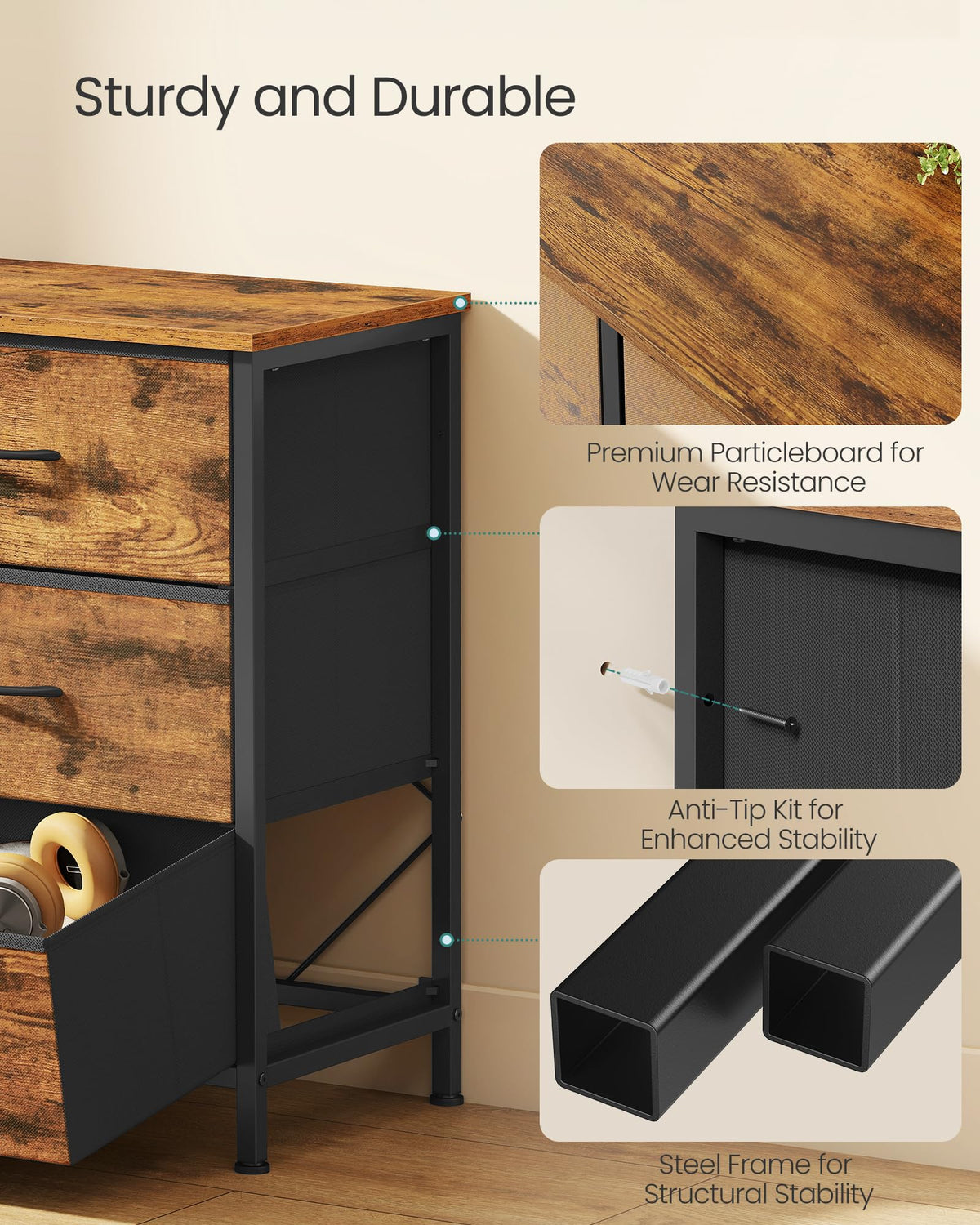 SONGMICS BELLAH Collection - Dresser for Bedroom, TV Stand for TVs Up to 55 Inches, Chest of Drawers for Living Room, Closet, Steel, 9 Drawers, Industrial, Rustic Brown and Ink Black ULGS033KD02S