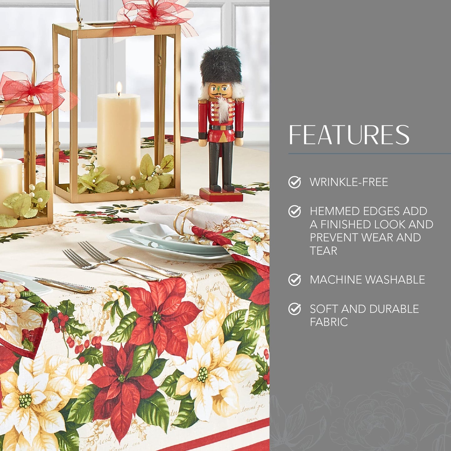 Elrene Home Fashions Red and White Poinsettia Holiday Wrinkle Resistant Fabric Tablecloth, 60" x 144" Rectangle, Multi