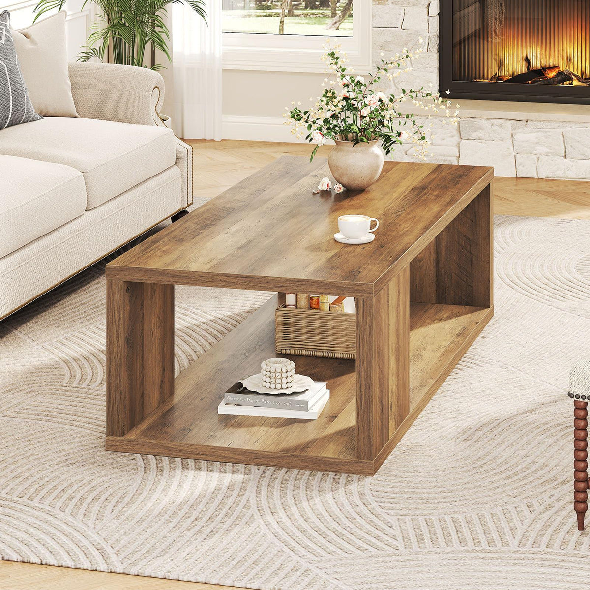 LVB Rustic Coffee Table with Storage, Modern Wood Coffee Tables for Living Room, Farmhouse Large Wooden Rectangle Center Table, Unique Wide Low Tea Table for Small Home Office, 39 inch, Rustic Oak
