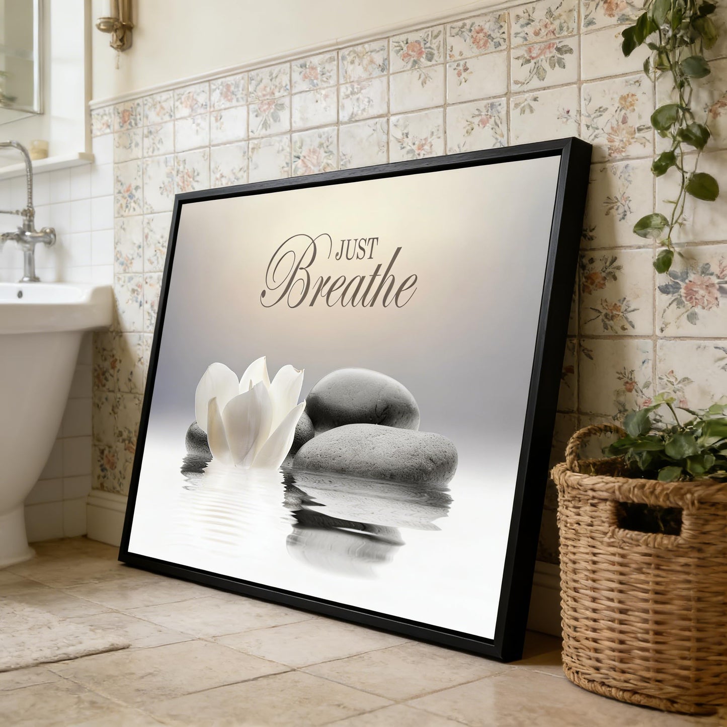 MKCIPJWC Black Framed Zen Stone Wall Art Just Breathe Yoga Quotes Wall Decor White Lotus Flower Canvas Print for Spa Bathroom 12x16 Inch