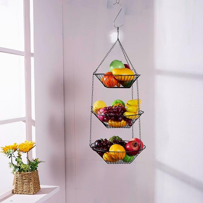 3-Tier Wire Fruit Hanging Basket 2 Packs, non-Punching Wall Hanging Storage