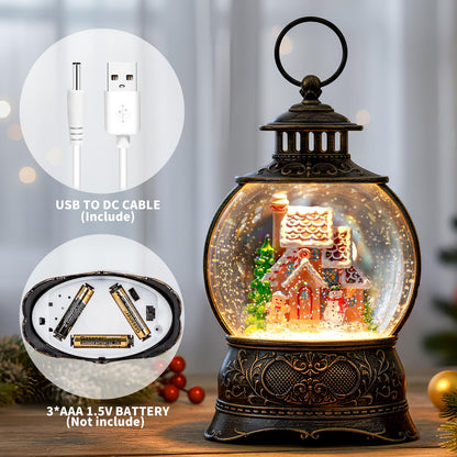 Christmas Snow Globe Lighted Gingerbread House Scene, Musical Snow Water Lantern Swirling Glittering Home Decoration and Gift, Battery Operated or USB Powered