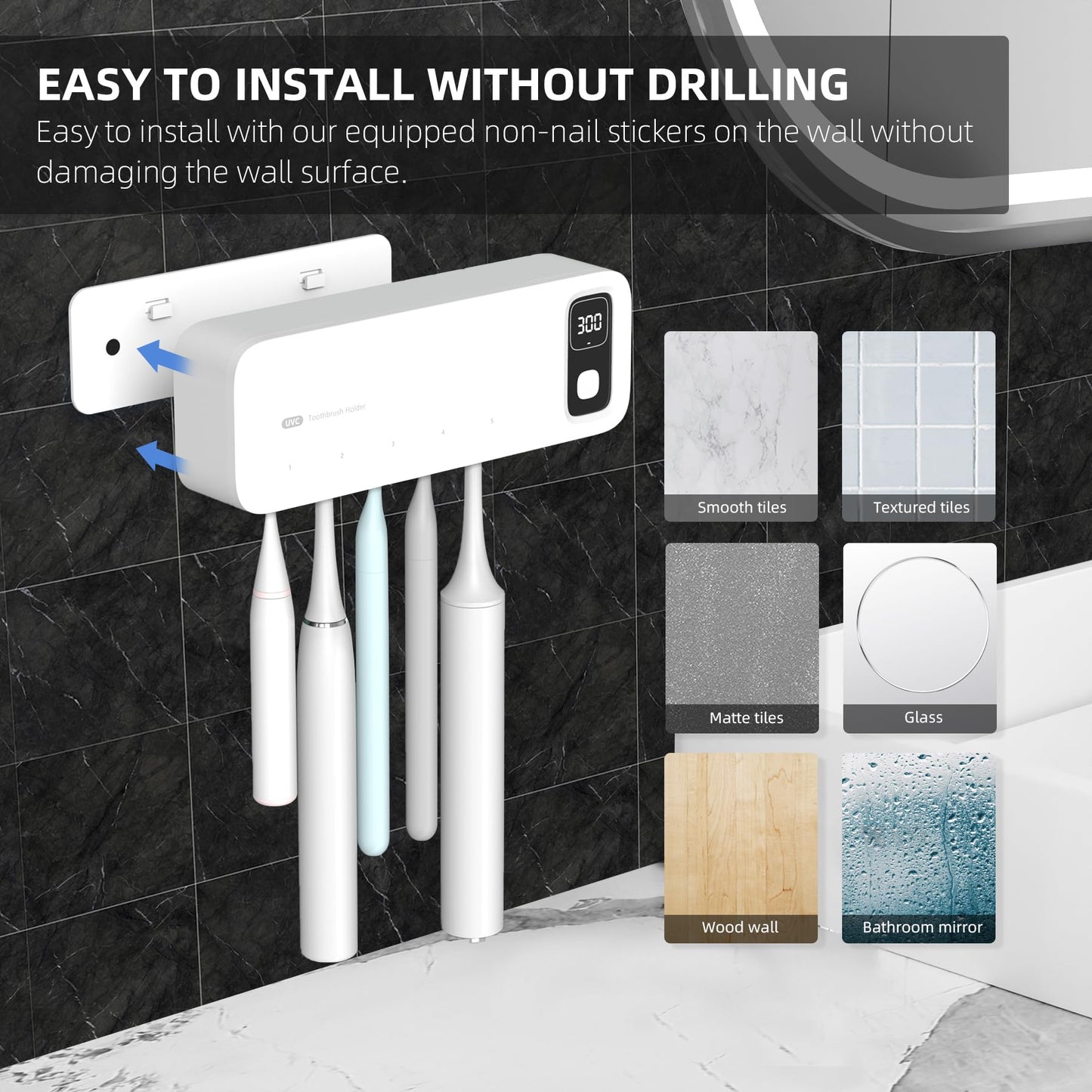 UV Toothbrush sanitiizer and Holder, Strong Saniti zer Air Drying, 200s and 400s Timed Toothbrush Case, 2200mAh Rechargeable Cordless Wall Mounted Home Toothbrush steril izer