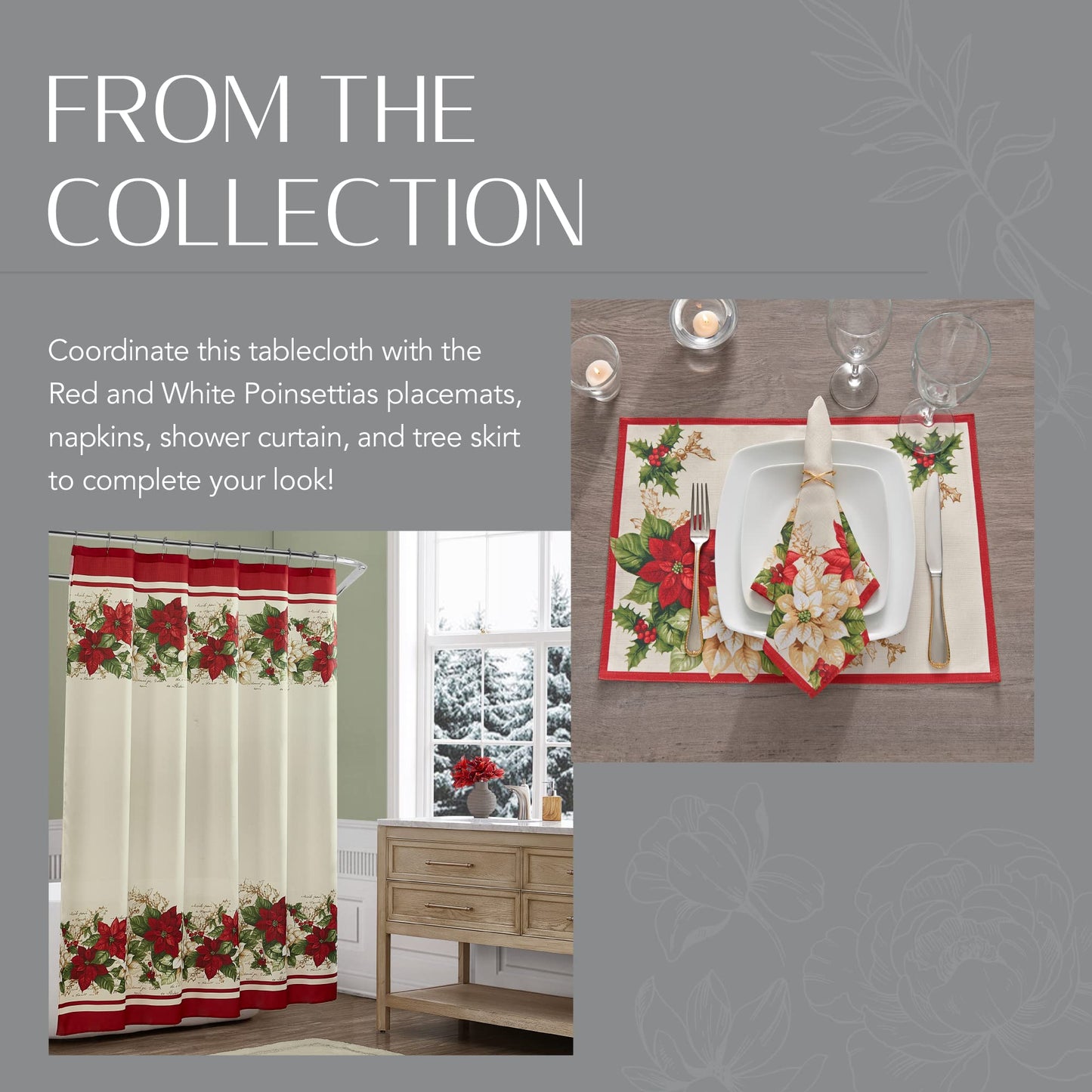 Elrene Home Fashions Red and White Poinsettia Holiday Wrinkle Resistant Fabric Tablecloth, 60" x 144" Rectangle, Multi