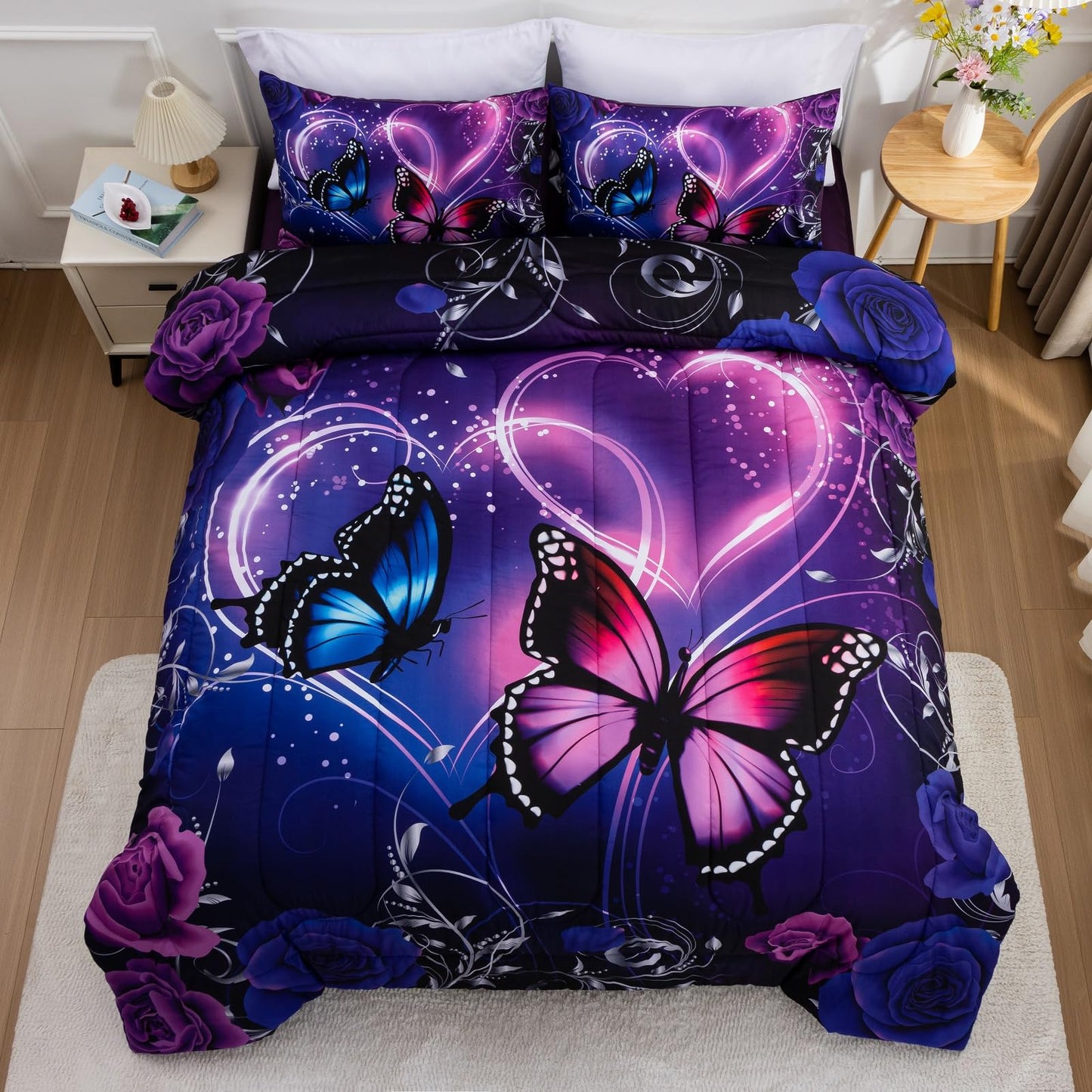 A Nice Night Galaxy 6pcs Bed in A Bag Purple and Blue Dreamy 3D Butterfly Printed, Butterflies Bedding Twin Comforter Set, for Girls Kids Teens