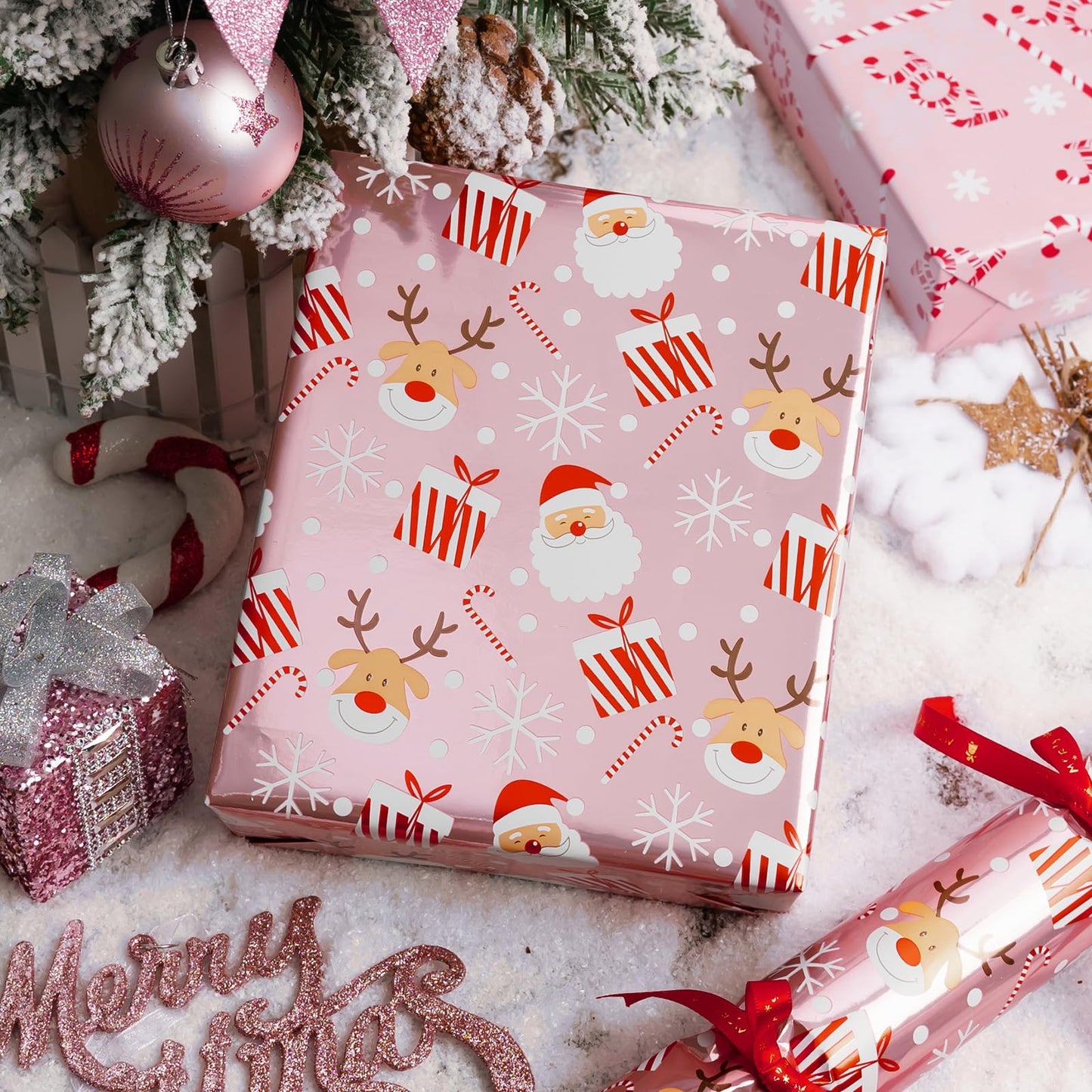 Burymento Christmas Wrapping Paper, Reversible Pink Christmas Tree, HO Santa Laughter, Snowflake, Reindeer, Design Gift Wrapping Paper Suitable for Holiday, Mini Roll (17 Inch X 120 Inch)
