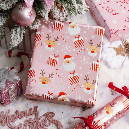 Burymento Christmas Wrapping Paper, Reversible Pink Christmas Tree, HO Santa Laughter, Snowflake, Reindeer, Design Gift Wrapping Paper Suitable for Holiday, Mini Roll (17 Inch X 120 Inch)