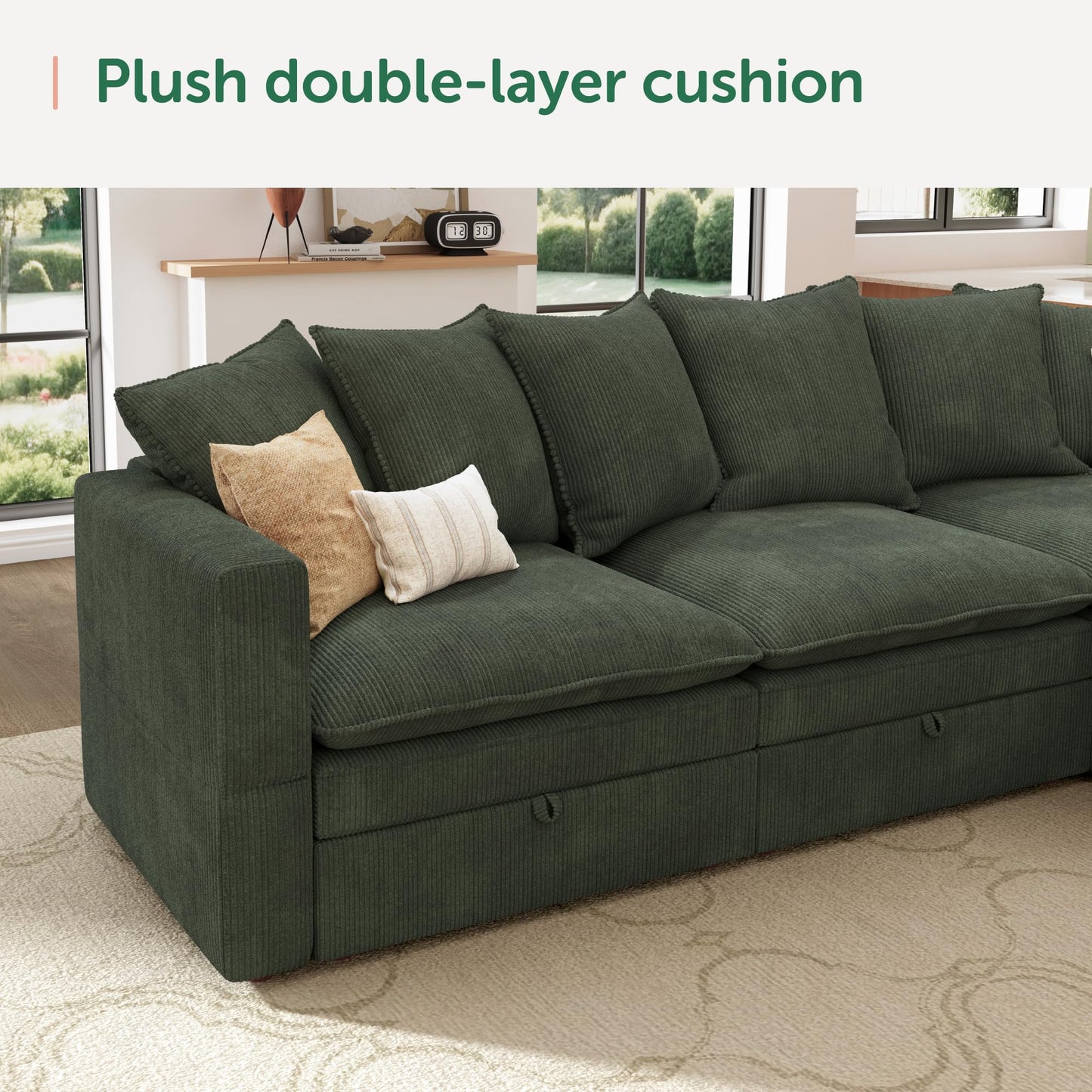 HONBAY Modular Sectional Sleeper Sofa, Corduroy 6 Seater Couch with Storage, Sectional Sleeper Couches for Living Room, Green