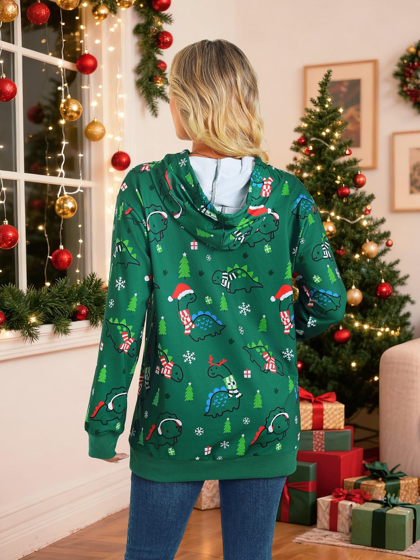 RMCMS Women Cute Dinosaur Graphic Hoodies Lightweight Comfrt Pullover Hoodies Casual Sweatshirts with Pockets Christmas Green M