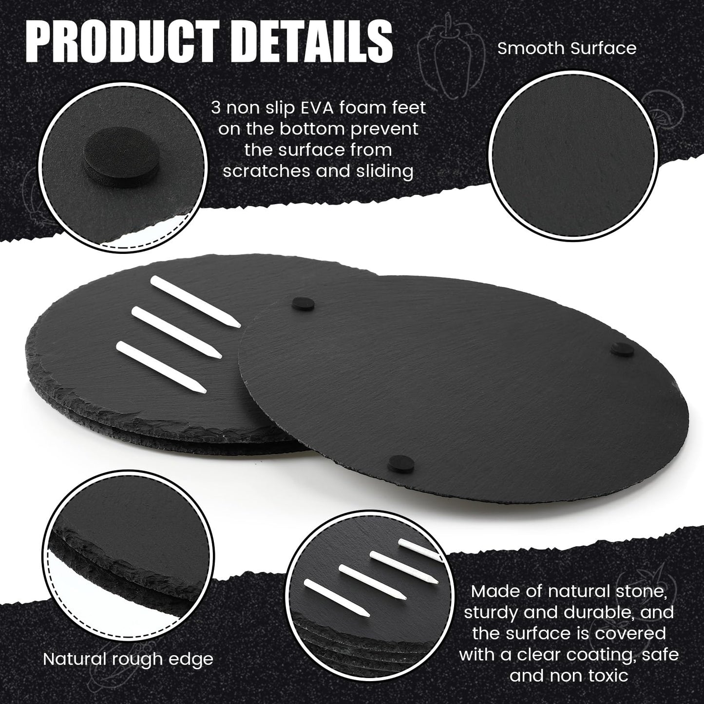 Uiifan 6 Pcs 11 Inch Round Slate Cheese Boards Round Black Stone Plates for Wedding Day Charcuterie Board Cheese Platter Serving Stone Tray Soapstone Chalk for Meats Appetizers Dried Fruit Party Gifts