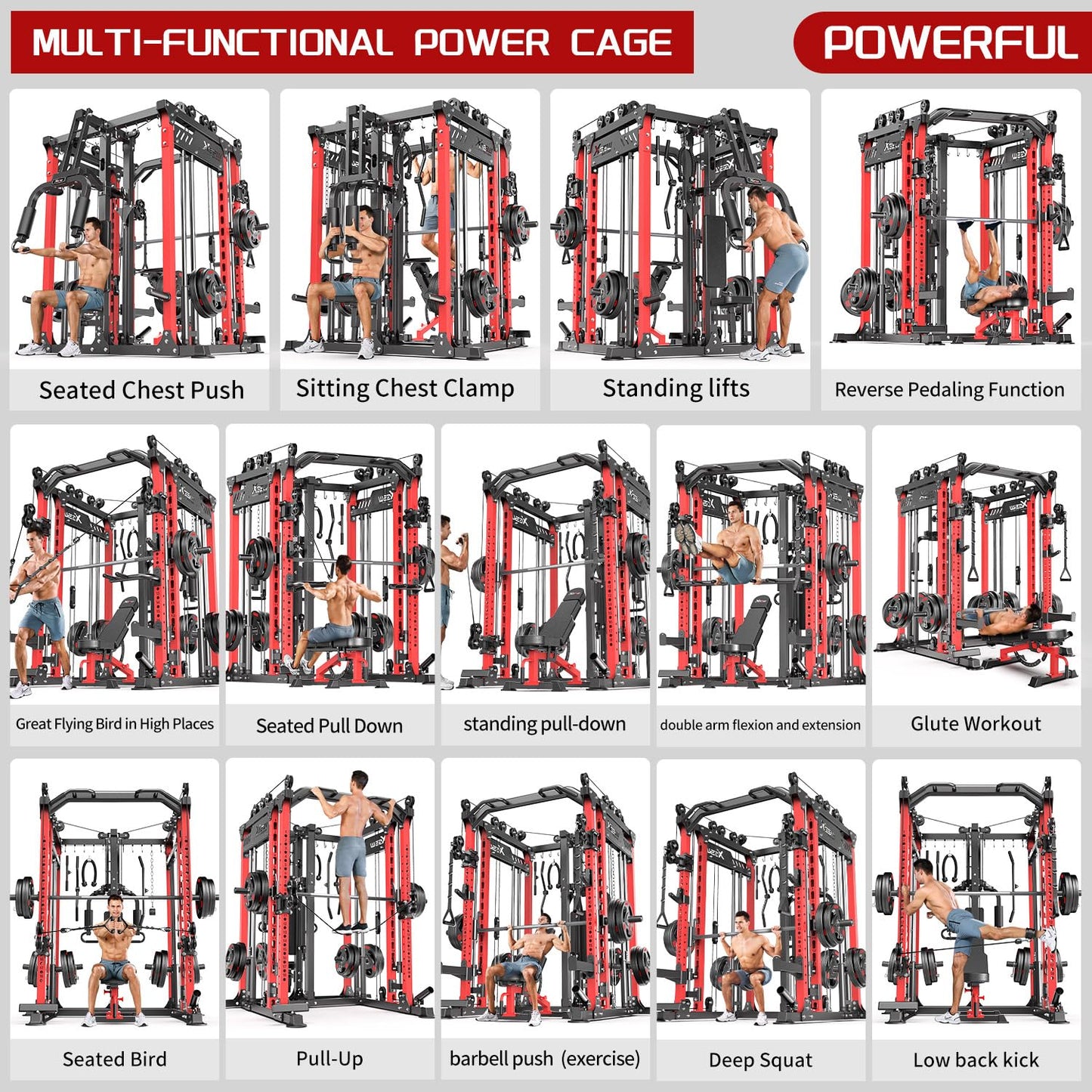 Multi-Purpose Squat Rack,Smith Machine Weight Rack Set with Cable Crossover System, Home Gym Power Racks, Power Racks and Packages (L06 two users, Power cage Black+bench+Cast lron 184LBS)