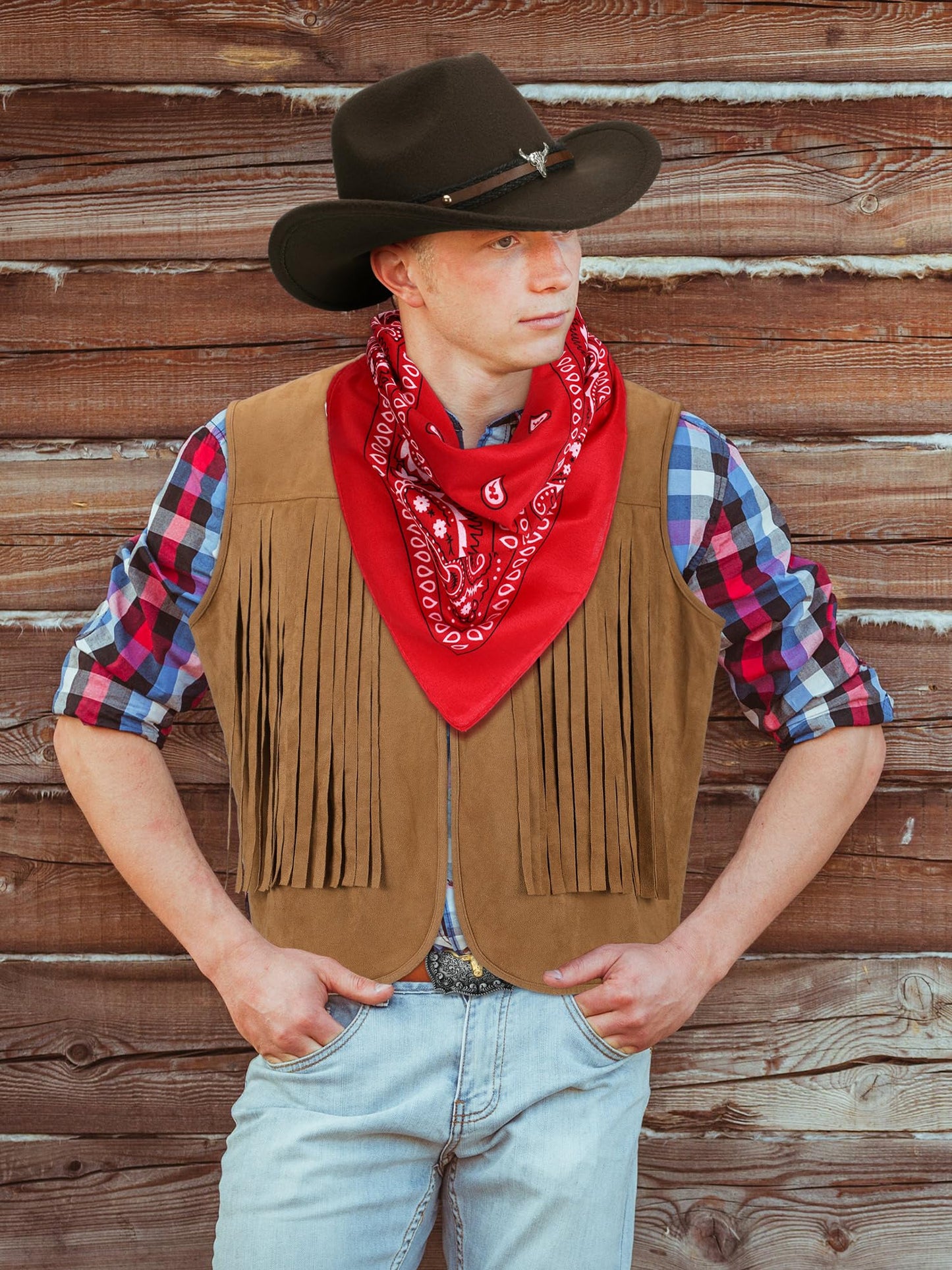 Toulite 4 Pcs Western Outfits for Men Cowboy Tassel Vest Hat Belt Buckle Paisley Bandana for Halloween Cosplay (Brown, Coffee, Red,Large)