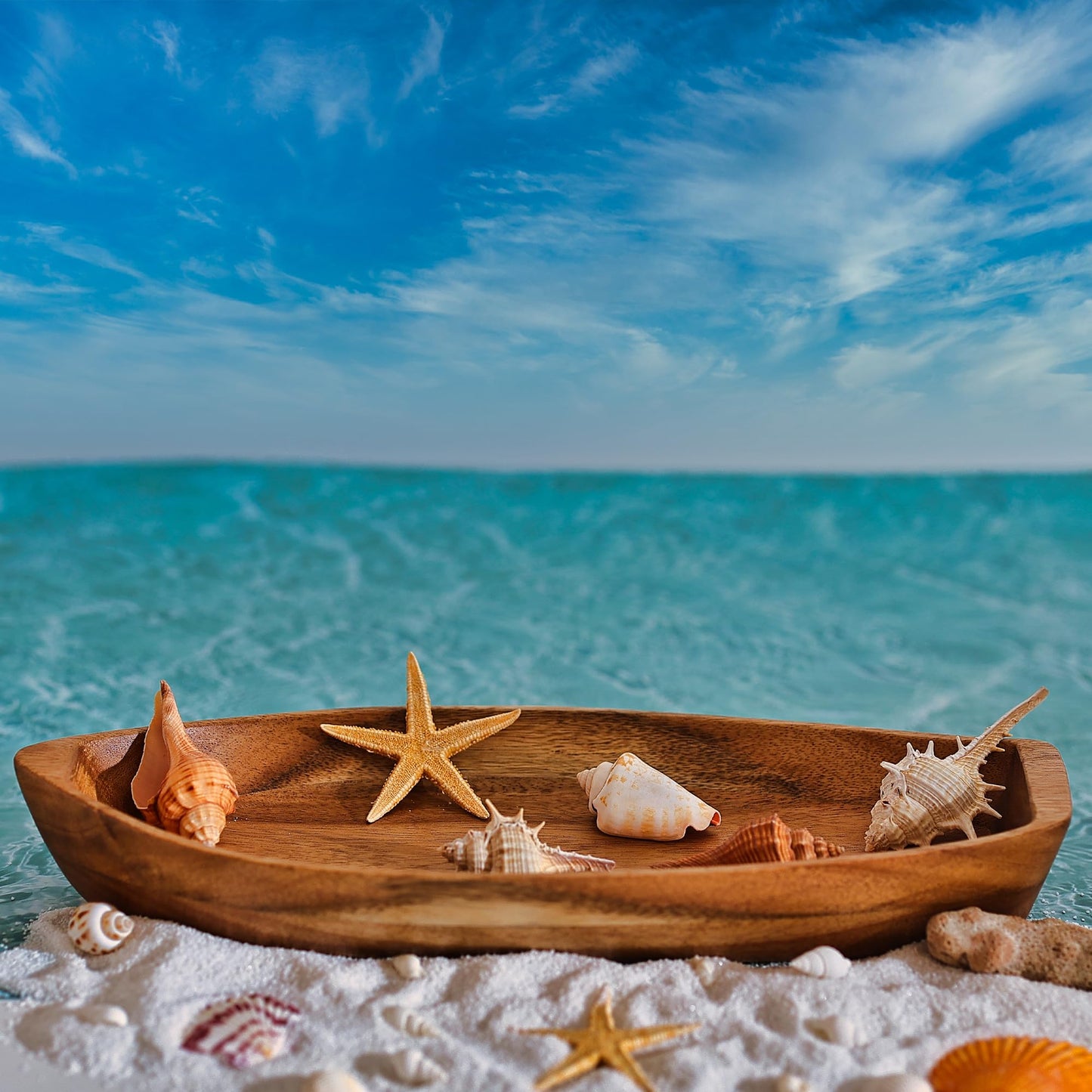 CAMLOT Lucky Boat Serving Tray, Acacia Solid Wood Interesting Shape Plate for Serving Desserts, Fruit, Snack and House Ornament,Key Tray,Functional and Storage Decorative Bowl。(M)