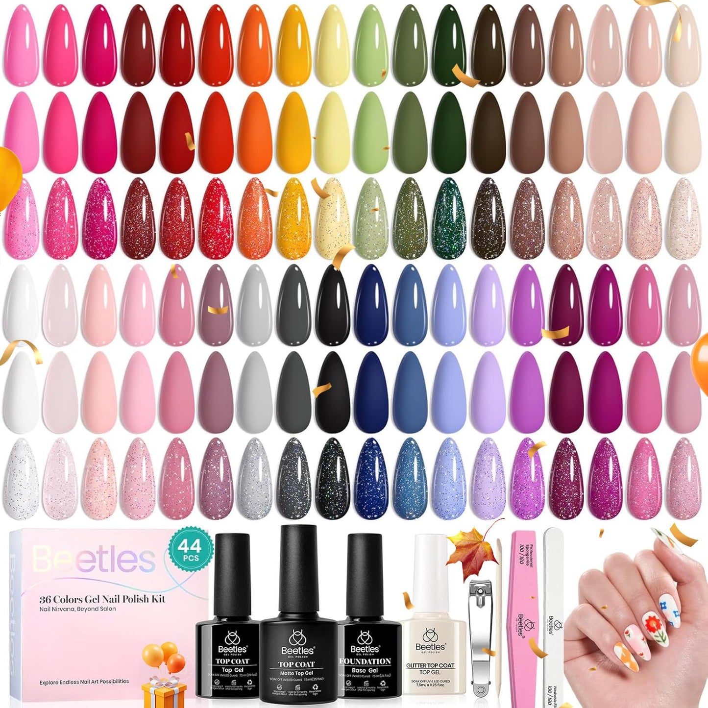 beetles Gel Polish 44pcs Fall Gel Nail Polish Set 36 Colors Brown Burgundy Red Blue Purple Orange Green Black Nude White with Base Top Coat UV LED Needed Salon DIY at Home Gift for Women Colorful Muse