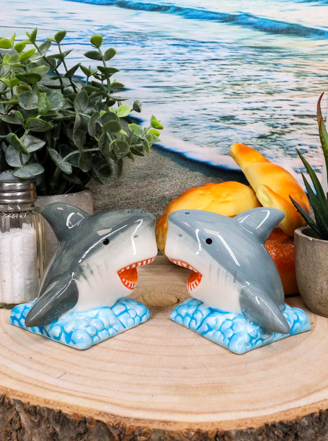 Ebros Nautical Marine Sea Predators Great White Sharks Magnetic Salt And Pepper Shakers Set Figurines Party Kitchen Tabletop Shark Jaws Collectible Decorative Accents