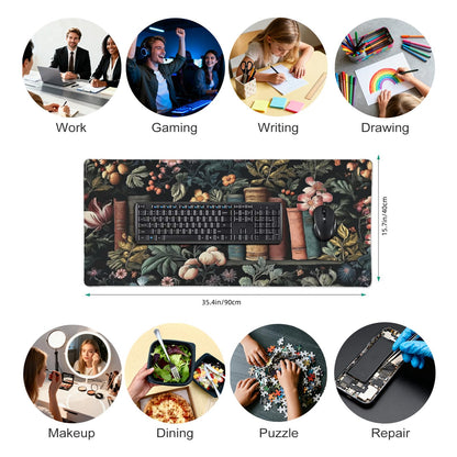 Dark Academia Desk Mat, Floral & Book Pattern XXL Mouse Pad with Anti-Slip Base & Stitched Edges, Large Desk Pad for Computer Keyboard, Office & Home Decor for Women