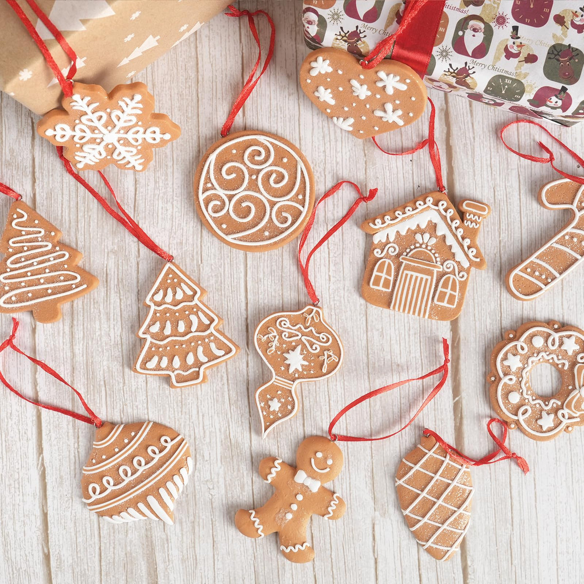 12 Pcs Gingerbread Cookie Ornaments, Funny Christmas Tree Cookie Decorations, Xmas Tree Snowflake Gingerbread Shaped Ornament for Xmas Winter Holiday Crafts Decor Indoor