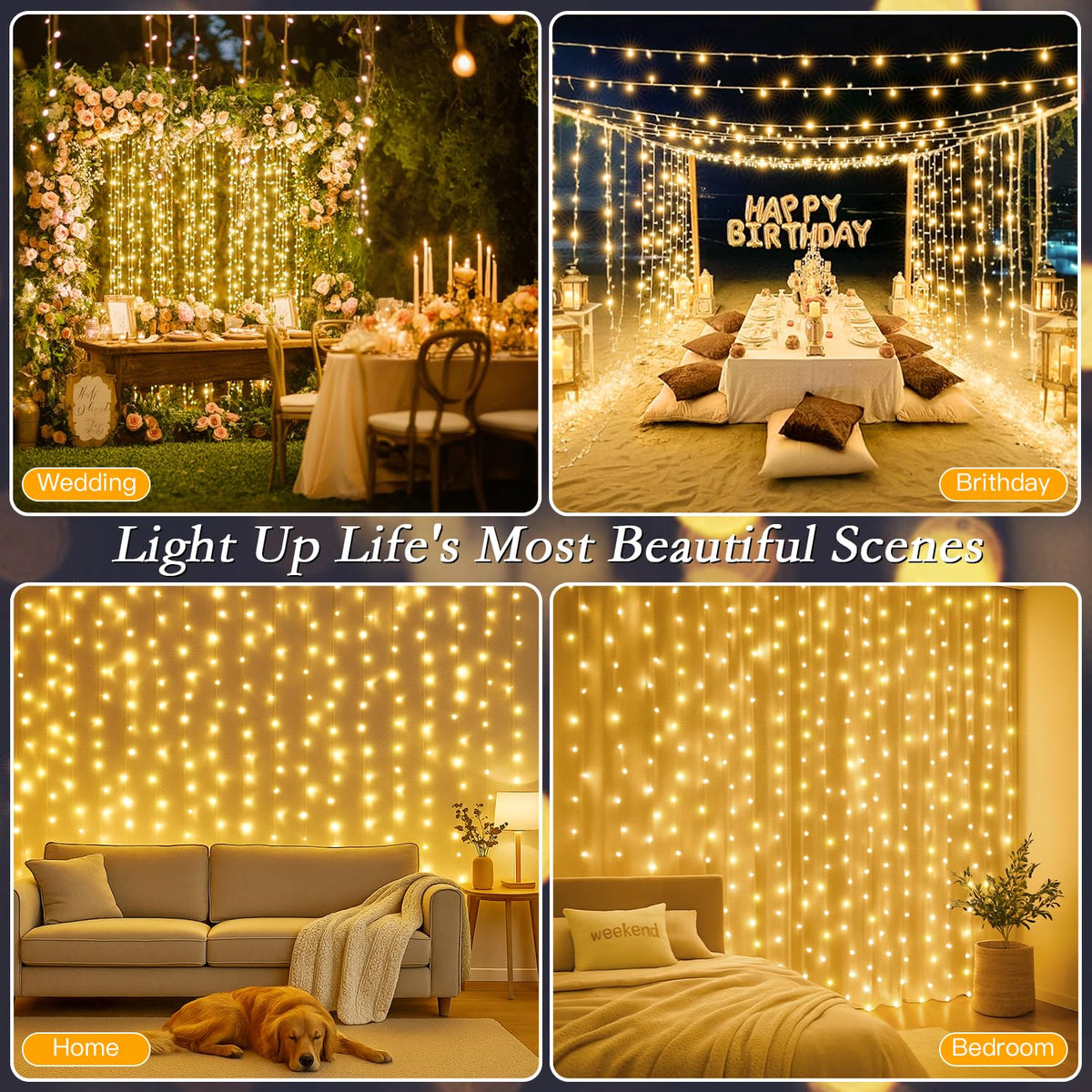 Soagrc 200 LED Warm White Curtain String Lights 9.8x6.6FT, Plug in Fairy Lights with 9 Hooks, Dimmable, Timer & 8 Modes, IP44 Waterproof, Bedroom Wall Wedding Party Christmas Indoor Outdoor Decor