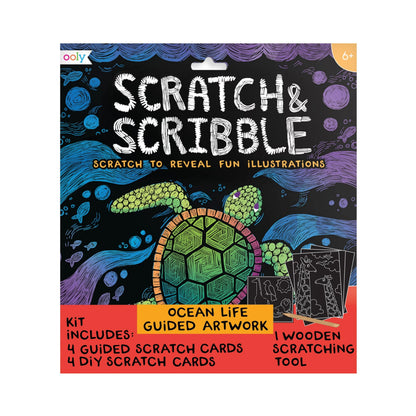 Ooly Scratch & Scribble 10pc Art Kit with 8 Total Scratch Cards (4 Illustrated, 2 Blank, 2 Rainbow) with Scratching Tool and Sparkled Stickers, Art Set Gifts for Kids - Ocean Life