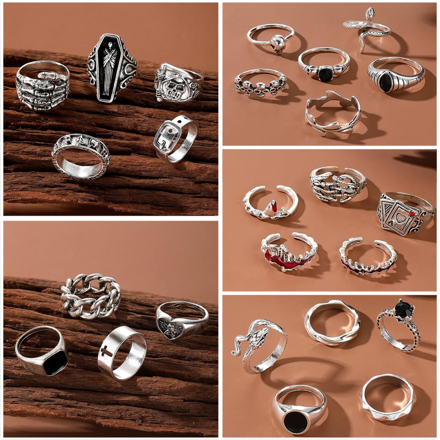 IFKM 25PCS Vintage Silver Knuckle Rings Set for Women, Stackable Joint Finger Statement Rings Bohemian Retro Hollow Carved Midi, Boho Halloween Skeleton Skull Snake Heart Chunky Stacking Pack (Halloween Skull)