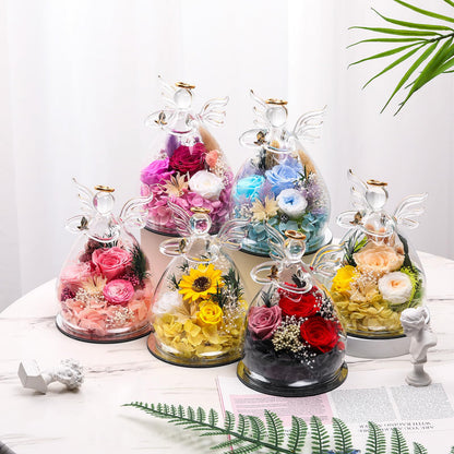 Angel Glass Dome with LED Lights, Preserved Sunflower and Rose Arrangement, Crystal Wings Topper,for Mother's Day,Valentine's Day,Birthday,for Indoor,for You to Send Love for All Occasions