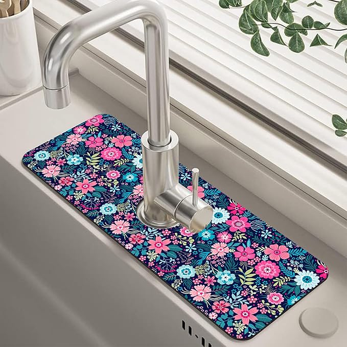 Modern Blue and Pink Floral Sink Faucet Absorbing Mat Sink Splash Guard Faucet