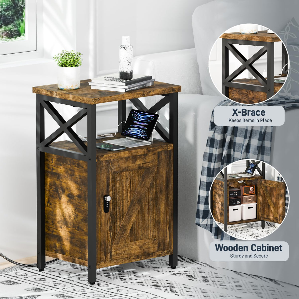 runjuly Wooden Nightstand with Lock, Bedside Table with Drawer, Bed Side Table with Charging Station, 3 USB & 2 Outlets, Night Stand with Storage Cabinet, End Table for Bedroom, Brown