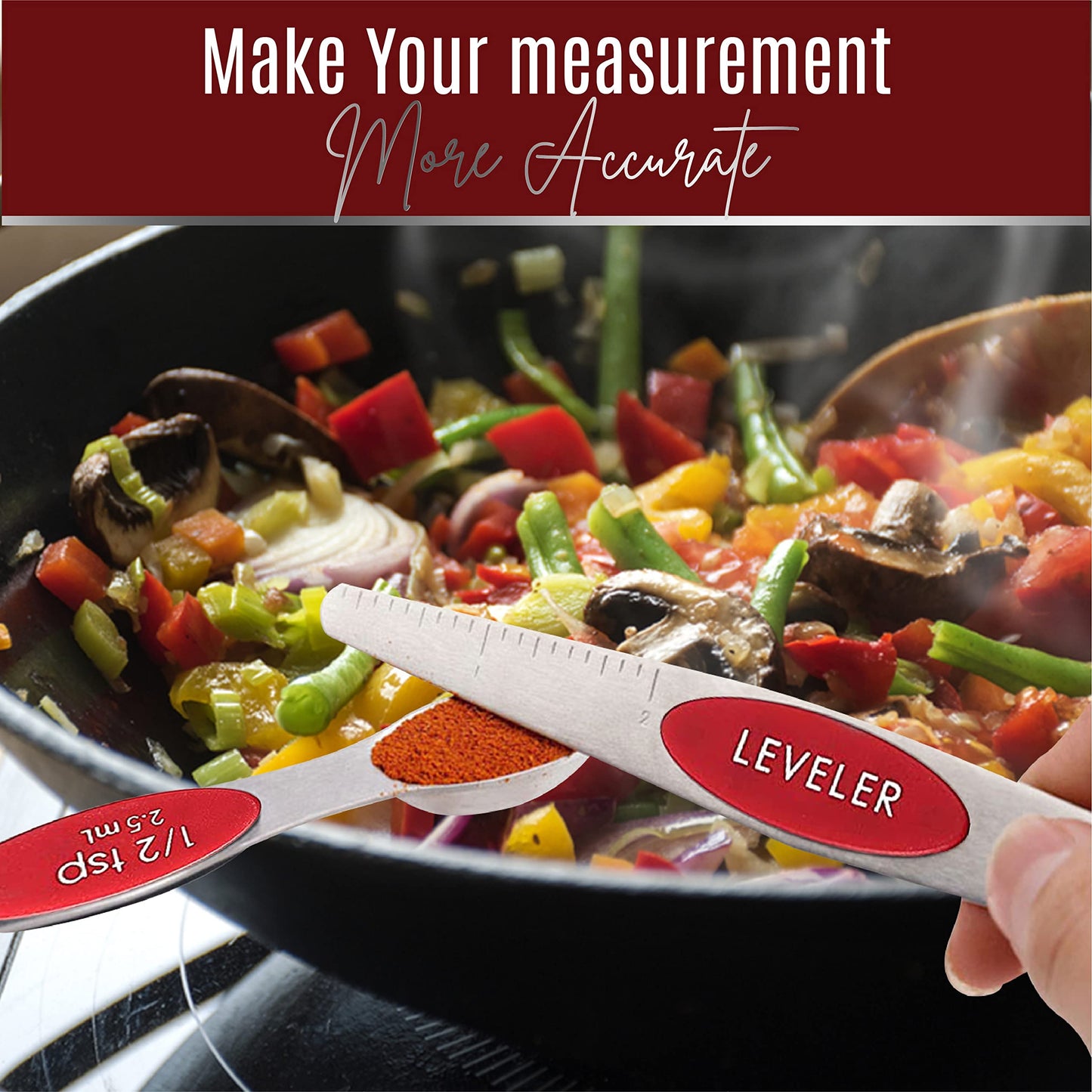 Magnetic Measuring Spoons Set of 9 Stainless Steel Dual-Sided Stackable Measuring Spoon Nesting Teaspoons Measuring Dry and Liquid Ingredients, Fits in Spice Jars Set of 9 (Red)