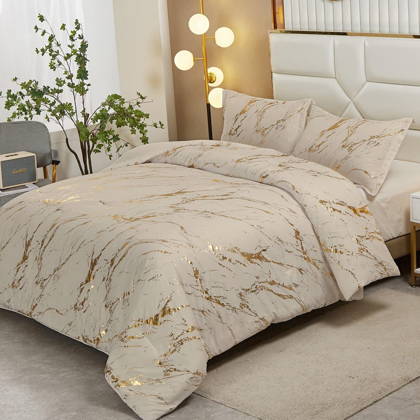 WONGS BEDDING Khaki Gold Metallic Marble Comforter Set Queen Foil Print Glitter Bedding Sets with 2 Pillowcases for All Seasons, Soft Microfiber Filling Bedding Duvet Set 90"x90"