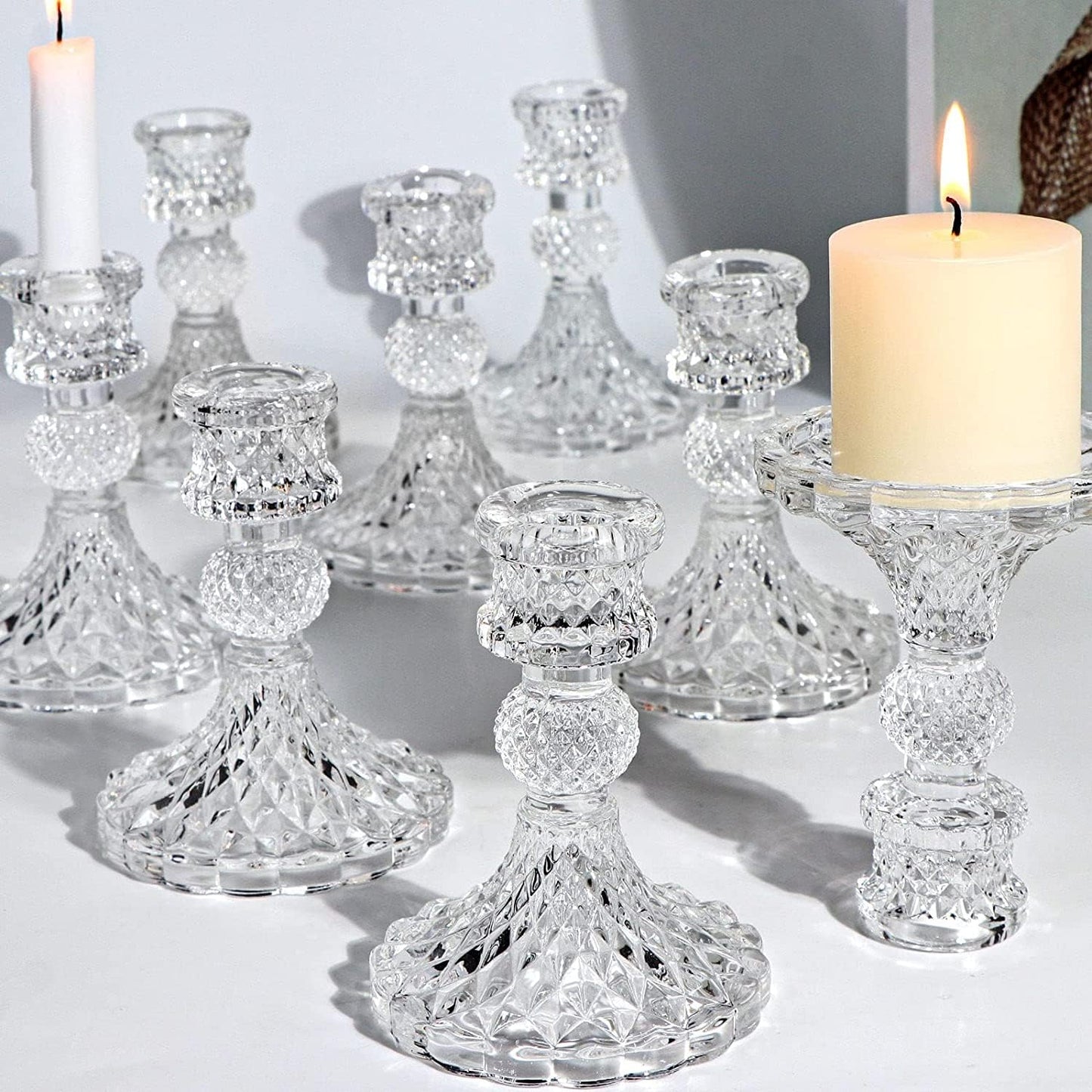 DARJEN Candlestick Holders Set,12Pcs 4" H Taper Candle Holders Bulk, Clear Glass Candle Holders for Wedding, Spring Party, Romantic Dinner, Festival & Windowsill Decor