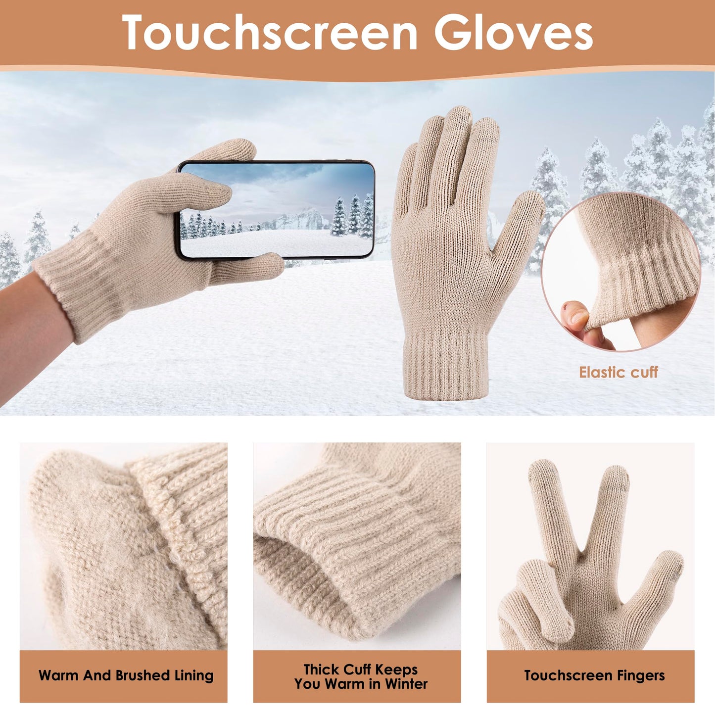 Women Winter Knit Warm Hat Beanie Gloves Set Pom Fleece Lined Hat with Touchscreen Gloves