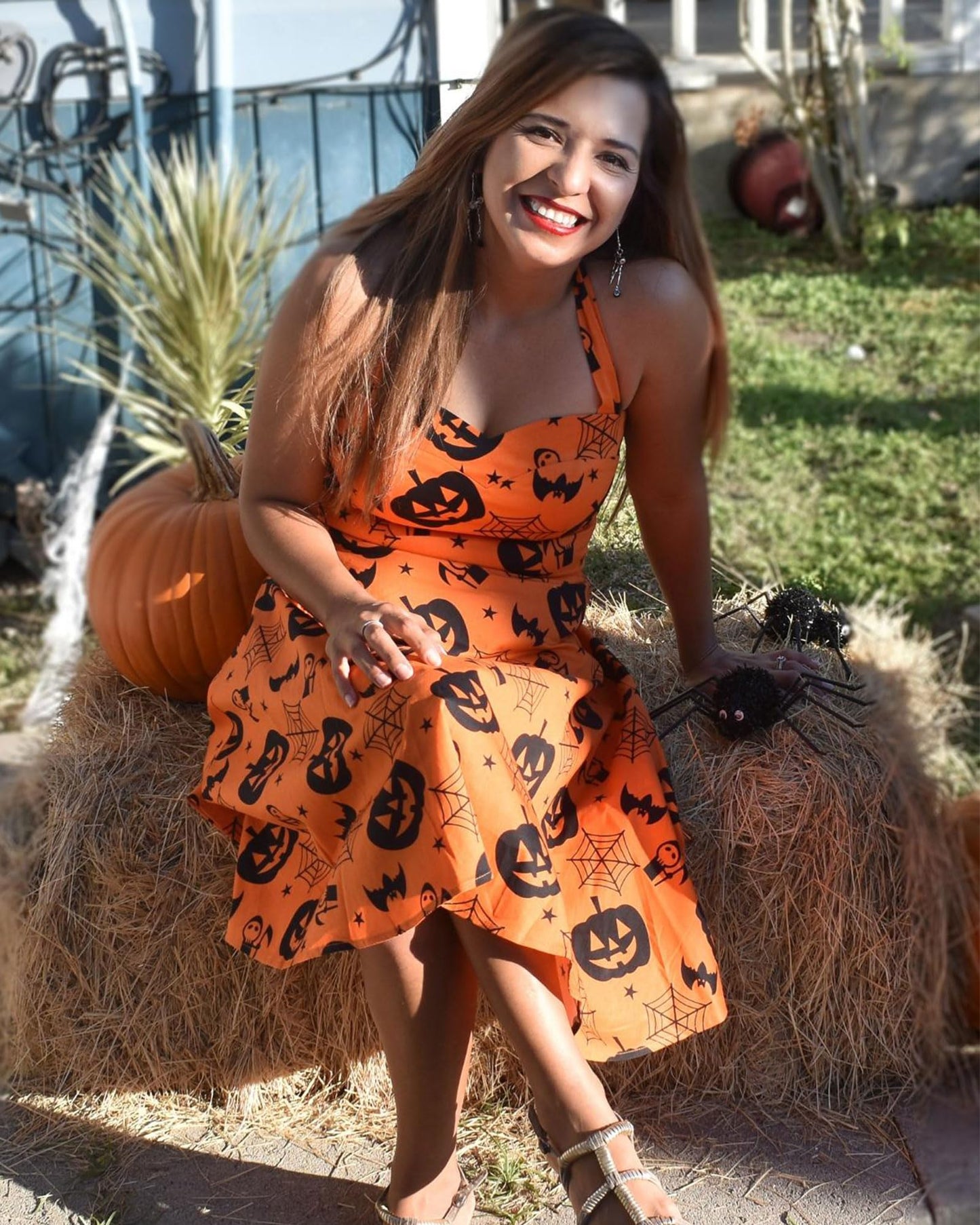 Topdress Women's Vintage Polka Audrey Dress 1950s Halter Retro Cocktail Dress Pumpkin L