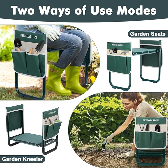FEED GARDEN Garden Kneeler and Seat, Upgraded Foldable Gardening Stool with 10.23" Wide Kneeling Pad, Heavy Duty Gardening Bench Chair with 2 Tool Pouches, Gardening Gifts for Seniors Mom Women Men