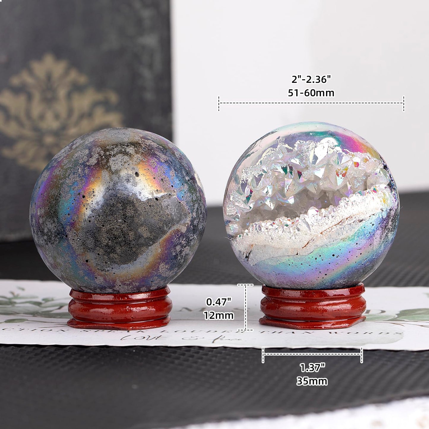 mookaitedecor Angel Aura Quartz Geode Sphere 51-60 mm, Natural Rock Crystal White Titanium Coated Crystal Ball with Stand for Divination Witchcraft Home Decor