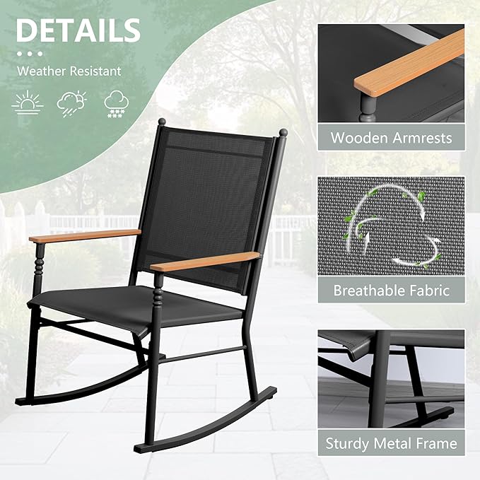 Shintenchi Outdoor Rocking Chairs Set of 2,Upgraded High Back Patio Rocking Chair Set,Breathable Textilene Fabric Outdoor Rocking Chair for Porch,Patio,Garden,Balcony,Black