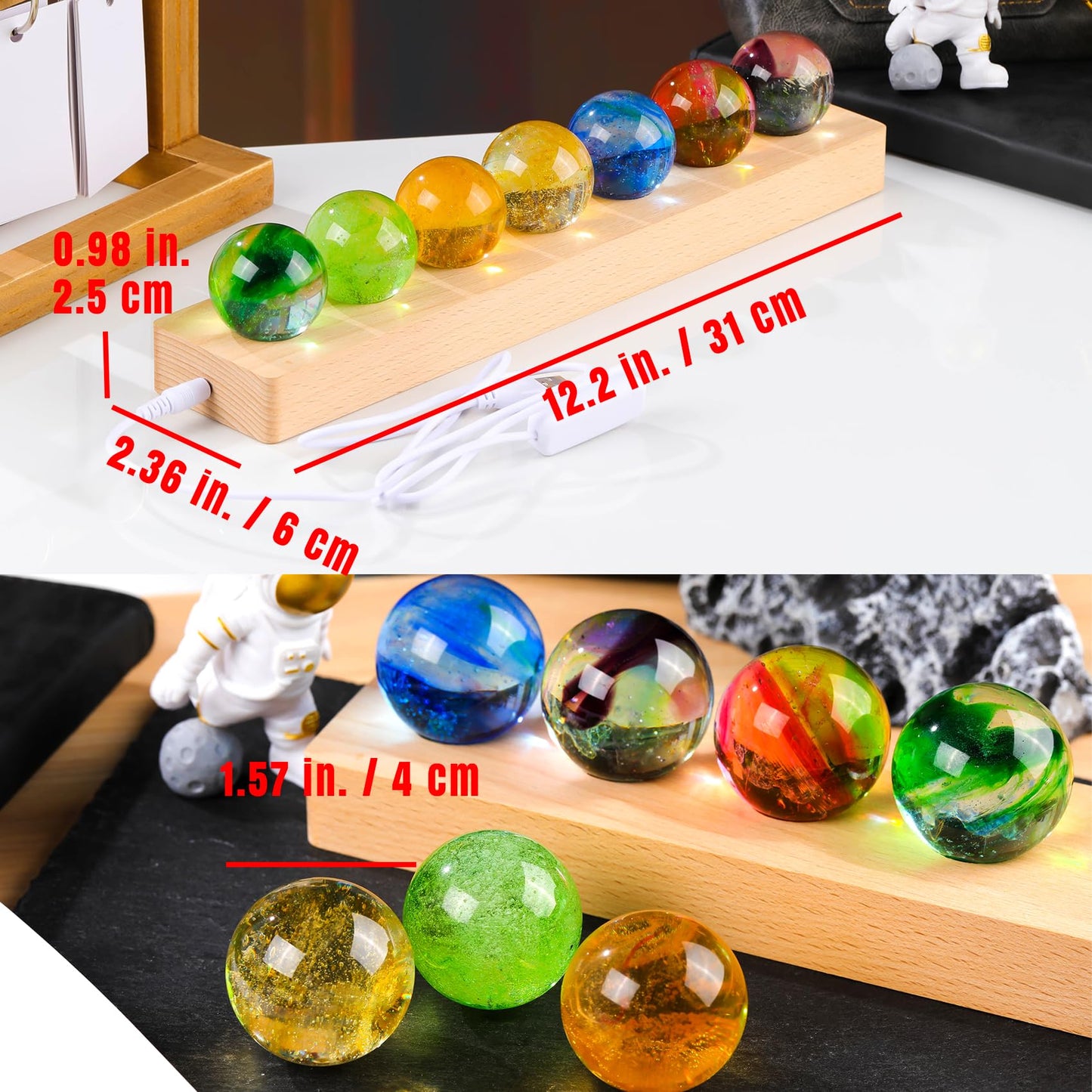 Ornalrist 7 Chakra Natural Healing Spheres with Wooden LED Light Base Crystal Quartz Ball for Meditation Positive Energy Night Light Home Decor