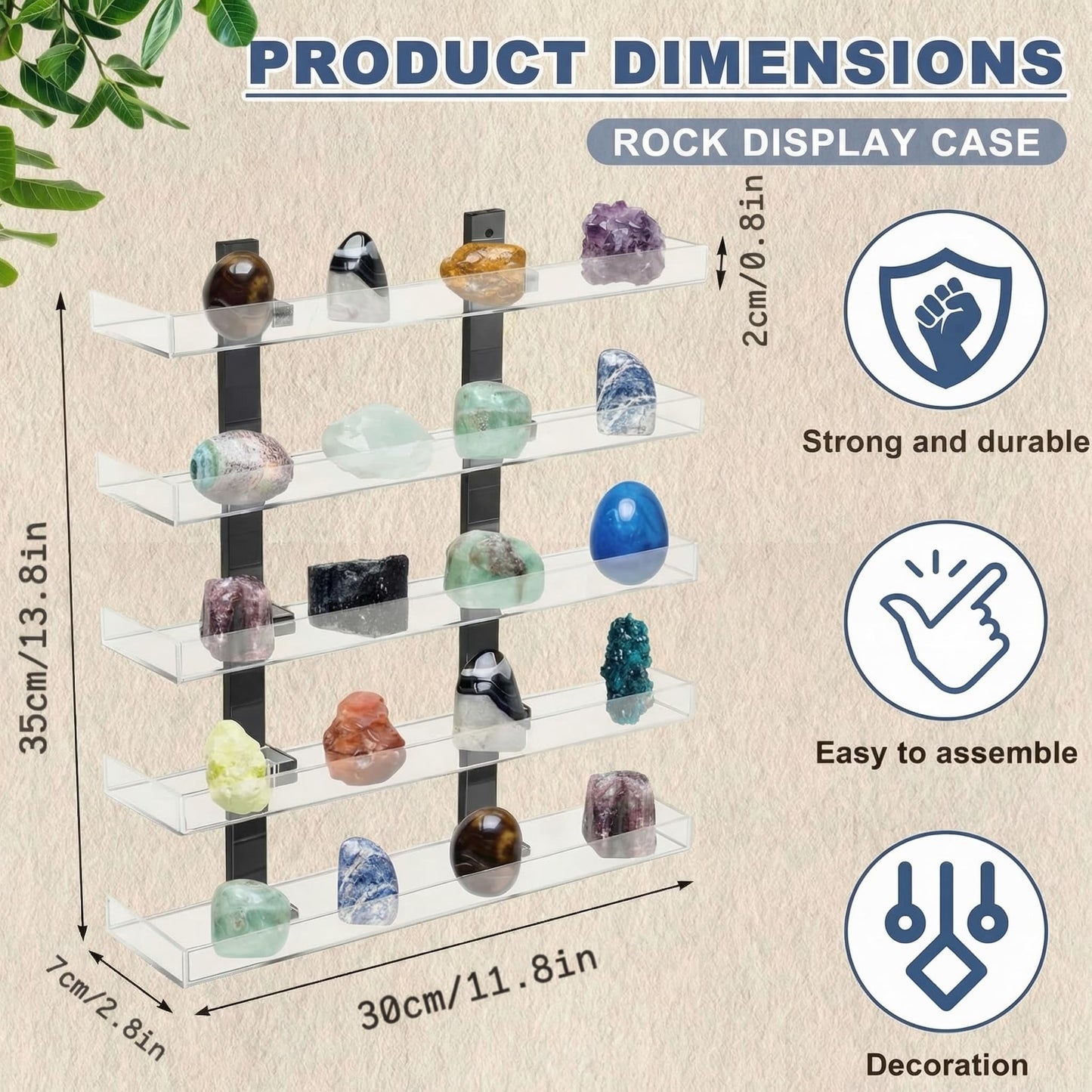 Novabright 5 Layer Acrylic Clear Rock Display Shelves for Wall Floating Shelves Organizer for Stone Collection 11.8" Rock Display for Stone Minerals Gemstones Crafts Figure Perfume for Living Room