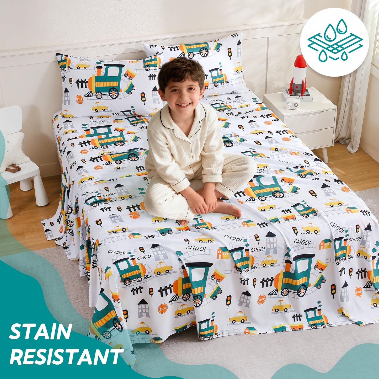 ChicView Full Sheet Set Kids,4 Pieces Breathable Soft Microfiber Bedsheets for Child Boys Girls, Anti Pilling Deep Pockets Easy Care Bed Sheets, Train