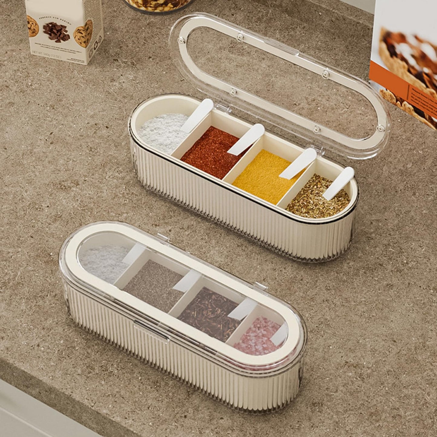 Buachois 4 Dividers Condiment Pot with 4 Spoons, PP and PET Container Condiment Box with Lid for Store Salt Cinnamon Cumin Parsley Flakes