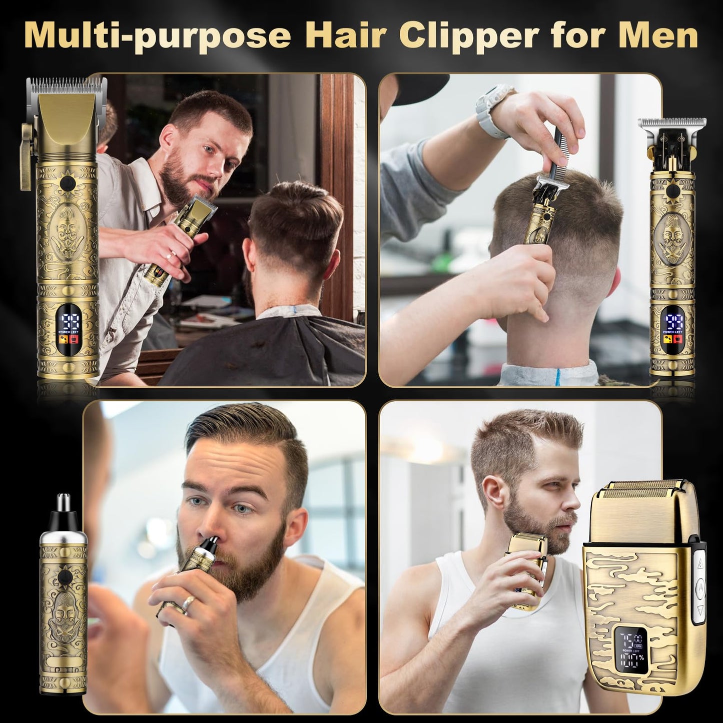 QREEYX Hair Clippers for Man T-Blade Trimmer Nose Hair Trimmer Electric Shaver Set, Professional Metal Body Barber Clippers Set for Haircut, Men’s Grooming Kit with LCD Display, Ideal Gift for Him