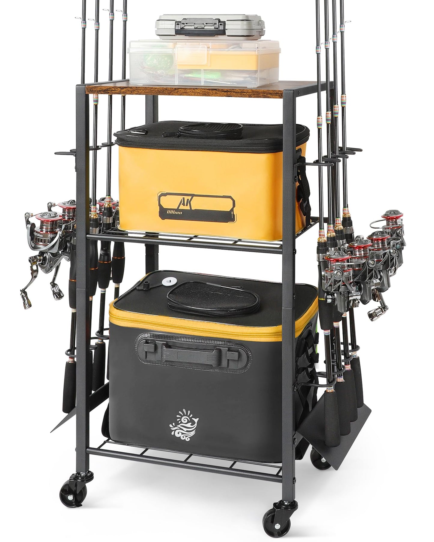 Olakee Fishing Rod Holder Cart for Garage & Home – Rolling Fishing Pole Organizer with Wheels, Holds 8 Rods, Tackle Storage Rack for Entryway, Corner, Gift for Men & Dad Anglers